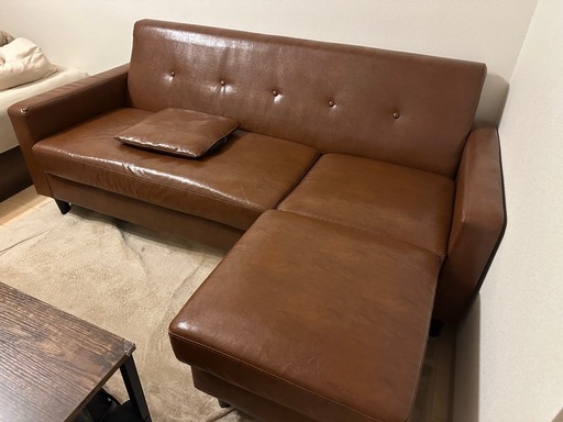 美品】L字ソファー／ブラウンレザー 合成皮革 (藤尾涼太) 桜ノ宮の