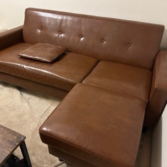 【美品】L字ソファー／ブラウンレザー 合成皮革の画像
