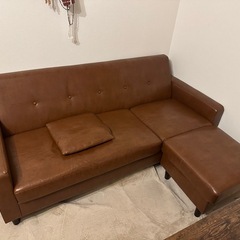【美品】L字ソファー／ブラウンレザー 合成皮革の画像