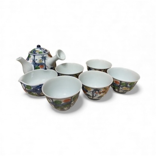 7点セット　未使用 平安　京泉作 彩色松竹梅　煎茶茶器揃 茶道具 共箱付き