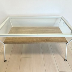 ガラス ロー テーブル　ウッド調北欧  の画像