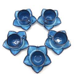 ss8105　美濃焼 松峰窯 桔梗型 デミタスカップ＆ソーサー 5客セット 藍色 瑠璃色 青色食器 小ぶり コーヒーカップ 花の形 レトロ オシャレ c/s 珈琲 カップ＆ソーサーセット 中古の画像