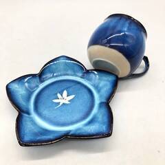 ss8105　美濃焼 松峰窯 桔梗型 デミタスカップ＆ソーサー 5客セット 藍色 瑠璃色 青色食器 小ぶり コーヒーカップ 花の形 レトロ オシャレ c/s 珈琲 カップ＆ソーサーセット 中古の画像