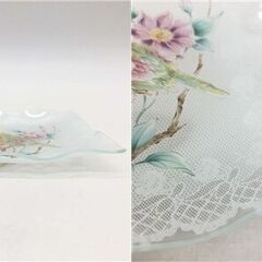 ss8106　ガラス製 小鳥の小皿 5枚セット 絵変わり 柄違い 鳥 レース フリル ガラス皿 インテリア かわいい ガラストレー 鳥小物 小鳥雑貨 ガラスの小皿 中古の画像