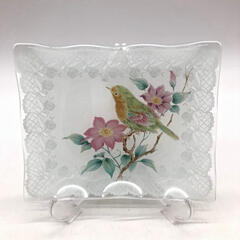 ss8106　ガラス製 小鳥の小皿 5枚セット 絵変わり 柄違い 鳥 レース フリル ガラス皿 インテリア かわいい ガラストレー 鳥小物 小鳥雑貨 ガラスの小皿 中古の画像