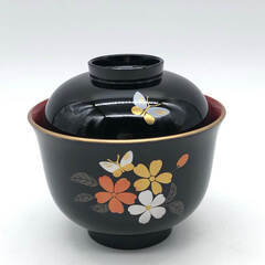 ss8111　森英恵 吸物椀 5個セット CHIKI CHIC 漆器 蓋付椀 黒 HANAE MORI 花 蝶 金彩 ブラック 5客揃え しっきシック お吸い物 味噌汁 和食器 森英恵食器 未使用品の画像