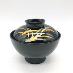 ss8112　会津塗 吸物椀 5個セット 漆器 蓋付椀 黒 花 金彩 ブラック 5客揃え 大きめ お吸い物 味噌汁 和食器 会津塗り漆器 中古の画像