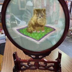 中国工芸品 両面刺繍 猫 オッドアイ白猫 刺繍アート の画像