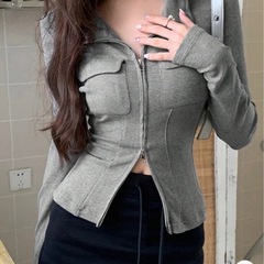 【SHEIN】【新品未使用】韓国 長袖ジップアップシックスリムフィットシャツの画像