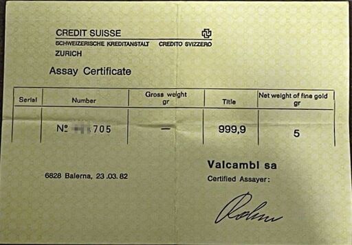 CREDIT　SUISSE　純金インゴッド　９９９.９　５ｇ　証明書付き