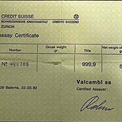 CREDIT　SUISSE　純金インゴッド　９９９.９　５ｇ　証明書付きの画像