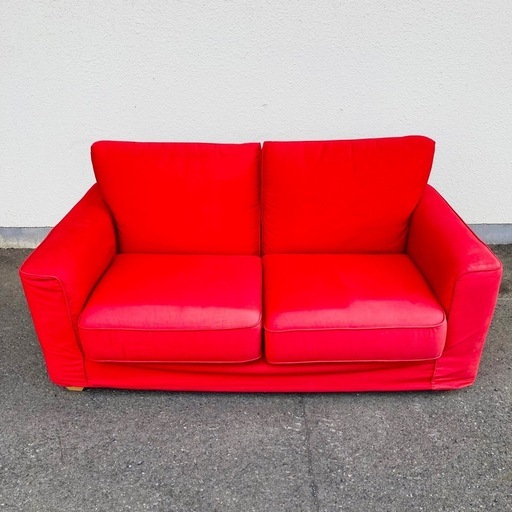 2人掛けソファファブリックソファ赤カウチソファ色褪せあり