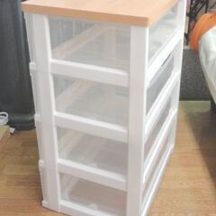 ウッドトップチェスト 4段 プラチェスト 幅55cm 奥行39cm 高さ78cm クリア 木製天板 衣類収納 西岡店の画像