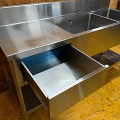 a(7726) ステンレス 2槽シンク 左 水切り付き 引き出し付 作業台 W1600D600H800BG150 シンク 流し台 厨房用品 直接引き取り歓迎 大阪の画像