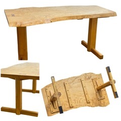 ◯一枚板 栃？ ダイニングテーブル 無垢材 天然木 全長150cm W1500 トチ 杢 4人掛け フルオーダー家具 中古品■ジモティ姫路の画像