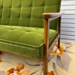 Karimoku カリモク60 モケットグリーン Kチェアー2シーター レトロ 北欧スタイル 2人掛けソファー の画像