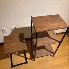 ヴィンテージ調ウッド × スチールラック 2点セット （サイドテーブル＋3段ラック） の画像