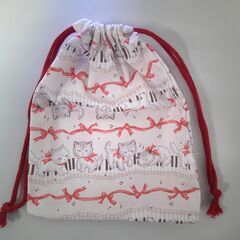 【ハンドメイド】ネコ柄きんちゃく（薄ピンク）の画像