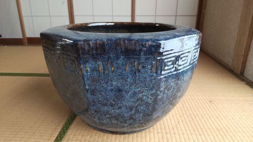 青色 八角形 火鉢 めだか鉢、火鉢に未使用青色八角形火鉢 陶器製 (たけのこ) 福井の