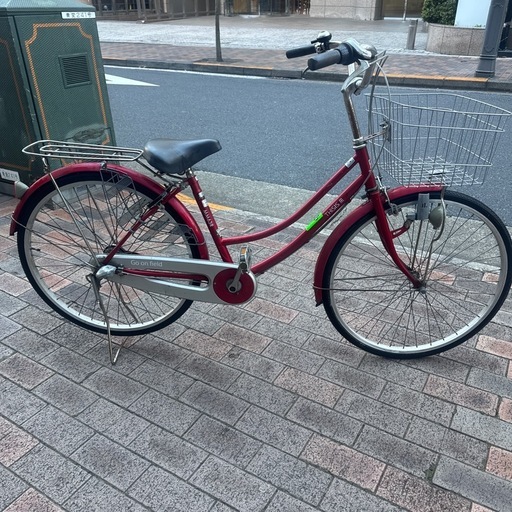 大人用自転車26インチ、3段ギア、鍵付き、ライト付き、赤、ママチャリ