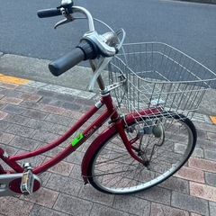 大人用自転車　26インチ、3段ギア、鍵付き、ライト付き、赤　、ママチャリの画像