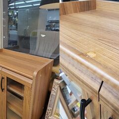 キャビネット 食器棚 2枚ガラス扉 棚板可動式 ブラウン 木目模様■横幅56.5㎝×奥行29.5cm×高さ89cm■近隣配送無料 買取帝国 朝霞店の画像