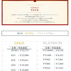 大黒屋仙台パルコ店 12/05 本日の貴金属の買取金額