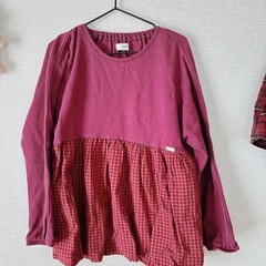👧130cmキムラタン*n.o.u.sのペプラムトップス&イオンの赤チェックキュロットパンツ&イオンのオーガニックコットンスパッツ3点set!!美品の画像