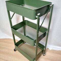 【B459】キッチンワゴン　3段　折り畳み　キャスター付き　グリーン　キズ有りの画像
