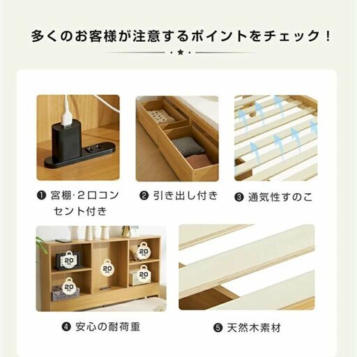 ①【未開封新品】木製シングルベッド宮棚・2口コンセント付き/引き出し収納/すのこ構造型番：N512P215161B E0EZ0104