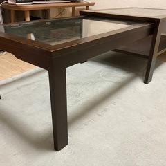 センターテーブル 伸縮 リビングテーブル ガラス天板 木目の画像