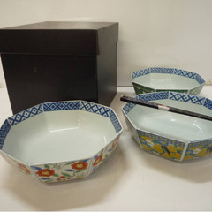 ☆▲八角鉢　3個セット　花柄　鉢　中鉢　盛り鉢　箸付き　陶器　和食器の画像