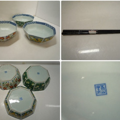 ☆▲八角鉢　3個セット　花柄　鉢　中鉢　盛り鉢　箸付き　陶器　和食器の画像