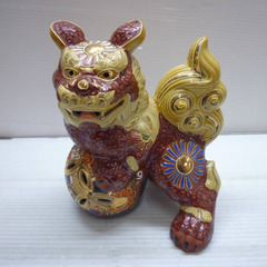 ☆▲九谷焼　玉獅子　玉乗り獅子　色絵金彩赤獅子　高さ18.3cm...