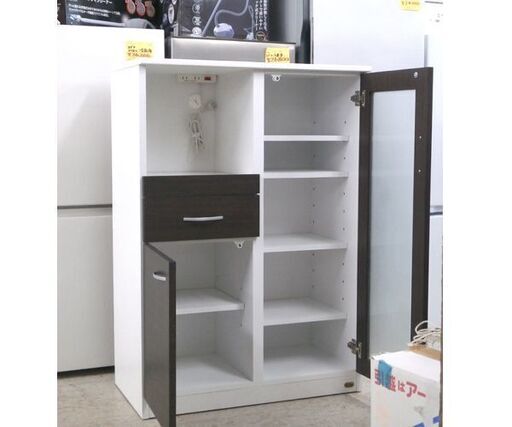 ミドルレンジボード 幅75㎝ キッチン収納 食器棚 ブラウン×ホワイト スイートデコレーション 収納家具 ☆ 札幌市 北区 屯田