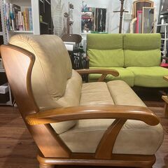 【★引き取り限定】 ナガノインテリア 2人掛け ソファ レザー 革張り 木製 家具 日本製の画像