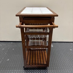 キッチンワゴン　スチールバスケットワゴン　木製　キャスター付きの画像