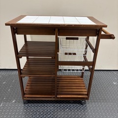 キッチンワゴン　スチールバスケットワゴン　木製　キャスター付きの画像