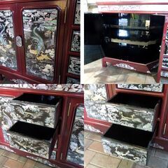 螺鈿細工 幅154cm アンティーク調 花鳥図 飾り棚 サイドボード キャビネット 新道東店の画像