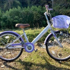 （引き取り限定）子供に人気のパープル自転車20インチあまり使用せずにガレージ内に保管パンクなしブレーキ良好、カゴにヒビ割れありの画像