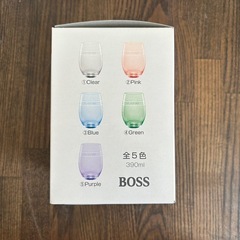 ✨新品 未使用品✨ 稀少【LE CREUSET】ル・クルーゼ　オリジナルグラス　クリア＆ブルー＆ピンク3個セット　非売品　ボス BOSSコラボ　の画像