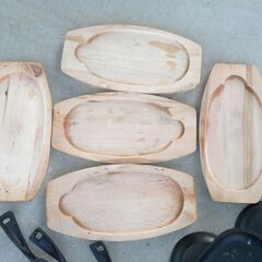 無料配達します🚚小判ステーキ皿💖５枚セット💖木製トレー💖ハンドル付💖の画像