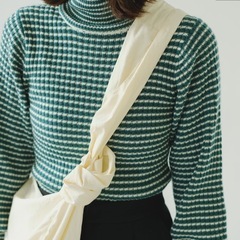 Kastane ウール混ボーダーリブハイネックニット　グリーンの画像