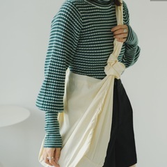 Kastane ウール混ボーダーリブハイネックニット　グリーンの画像