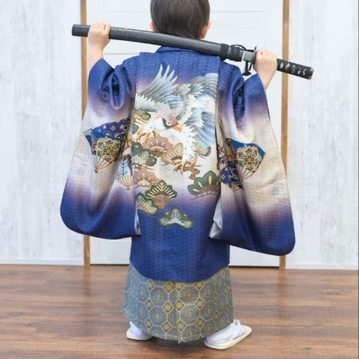 【美品】男の子 七五三 袴セット 12点フルセット おまけ付き 鷹市松 紺 藍鼠