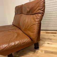 【500円→相談可】本革ソファ（もりしげ風／可動背もたれ）DIY向け／破れあり／引き取り限定の画像