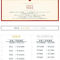 大黒屋仙台パルコ店 12/7　本日の貴金属の買取金額