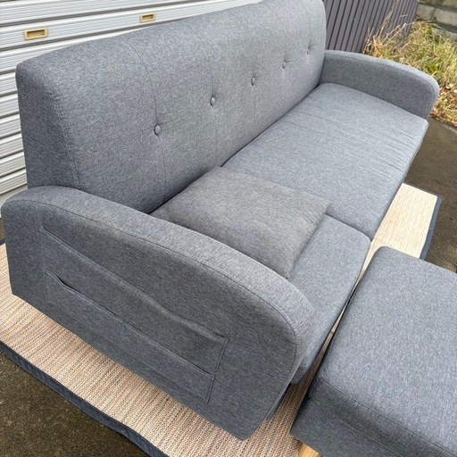 カウチソファー　グレー　3Pソファ　オットマン付き　L字ソファー　
