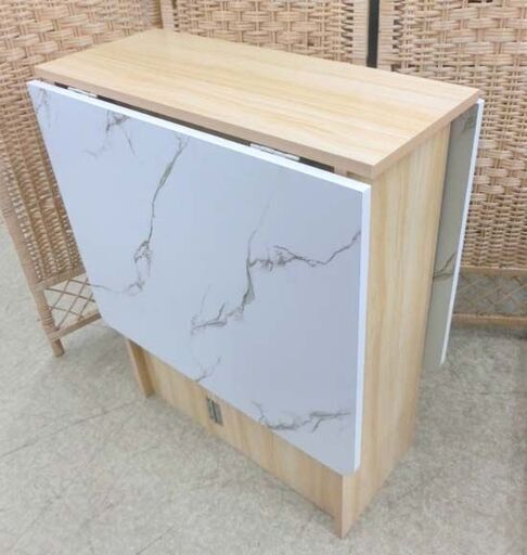 バタフライテーブル 幅120 大理石柄×ナチュラル 折りたたみ式テーブル ラック 作業台 キッチン カウンター ダイニングテーブル 省スペース 拡張 キャスター ワゴン 札幌 西野店