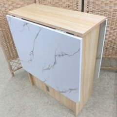 バタフライテーブル 幅120 大理石柄×ナチュラル 折りたたみ式テーブル ラック 作業台 キッチン カウンター ダイニングテーブル 省スペース 拡張 キャスター ワゴン 札幌 西野店の画像